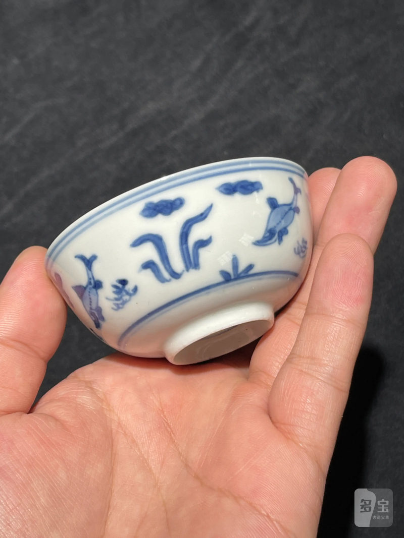 清康熙 青花鱼藻纹小杯一组五件 - 图4